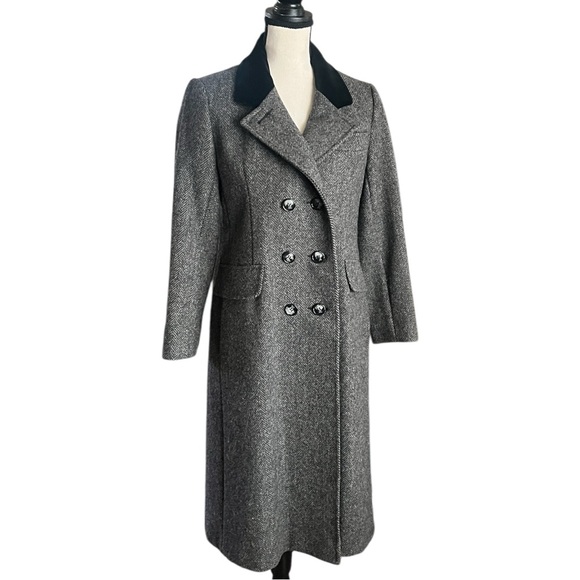 Karen Jackets & Blazers - VTG. Karen 100% Pure Wool Gray Double Breasted Herringbone Long Coat.